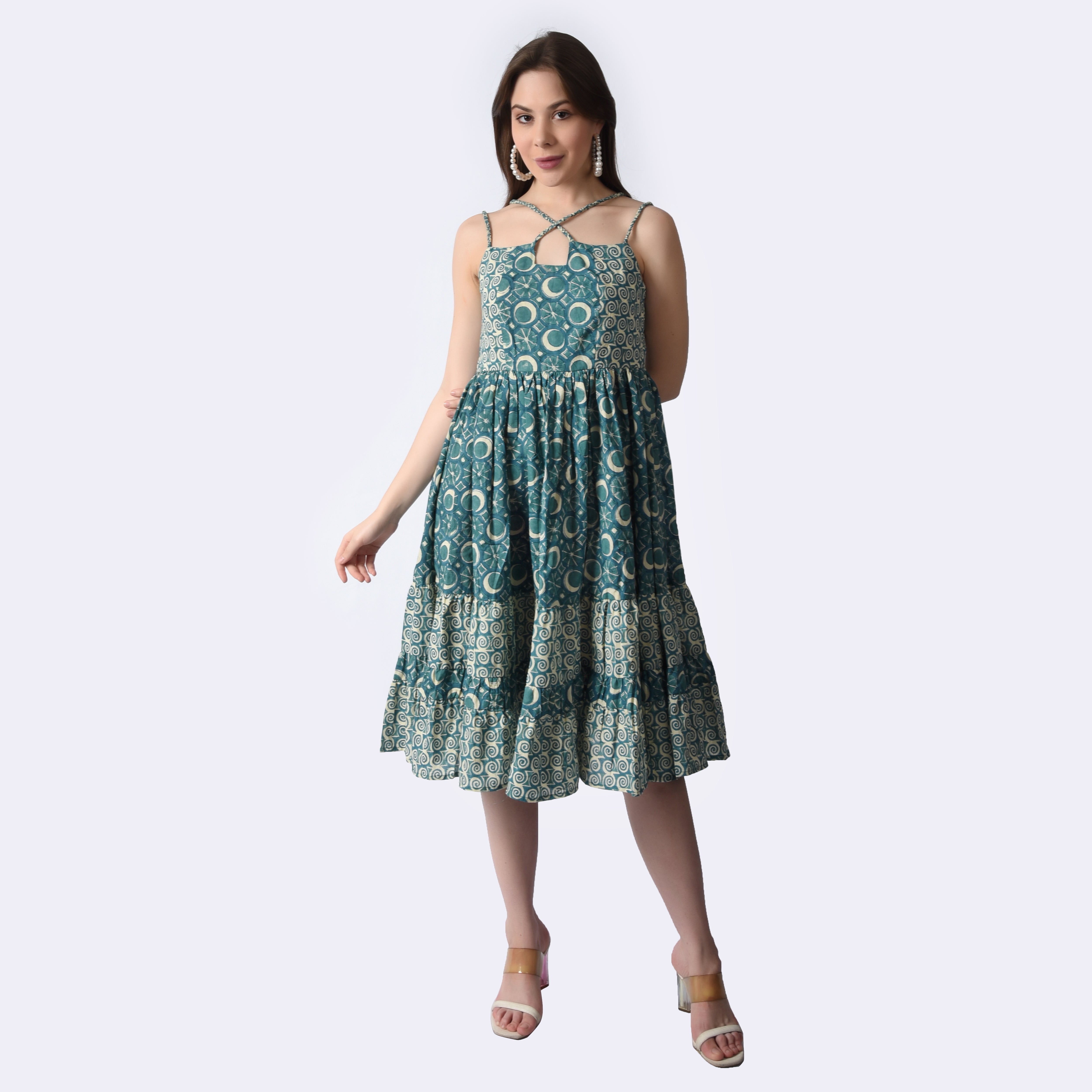 Sea Green HandBlock Printed Midi**** Dress****** - printsutra