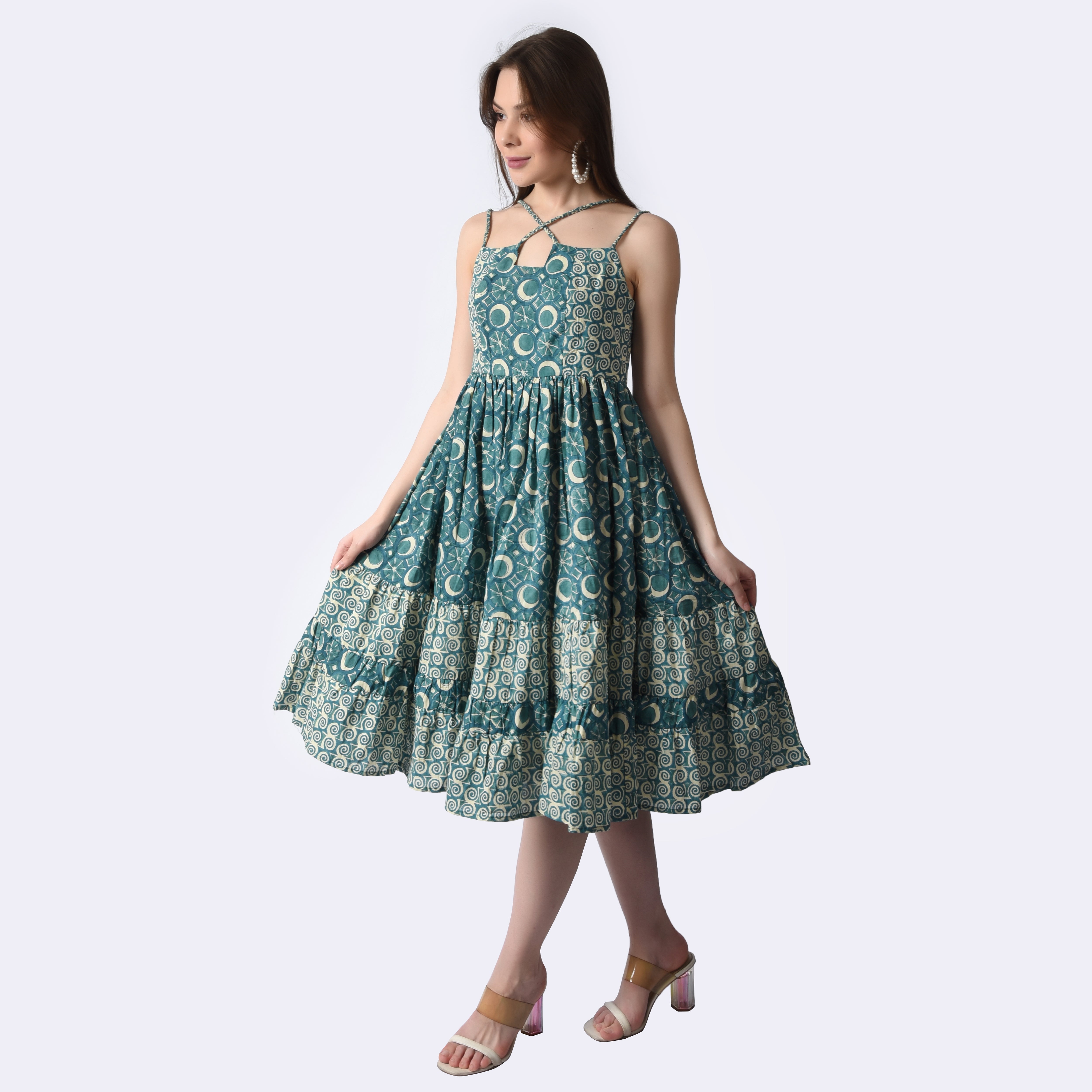 Sea Green HandBlock Printed Midi**** Dress****** - printsutra