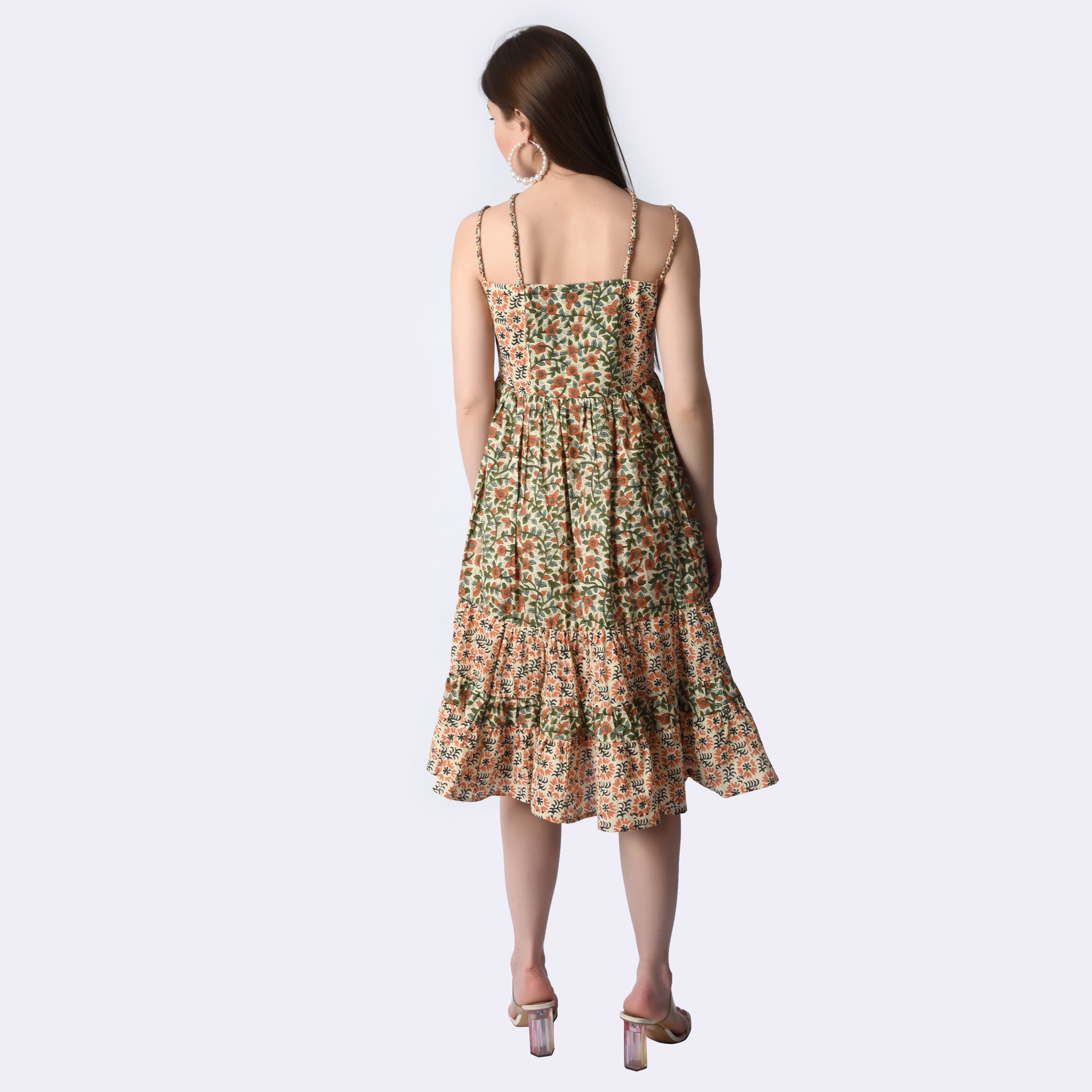 Rust/Orange HandBlock Printed Midi Dress - printsutra