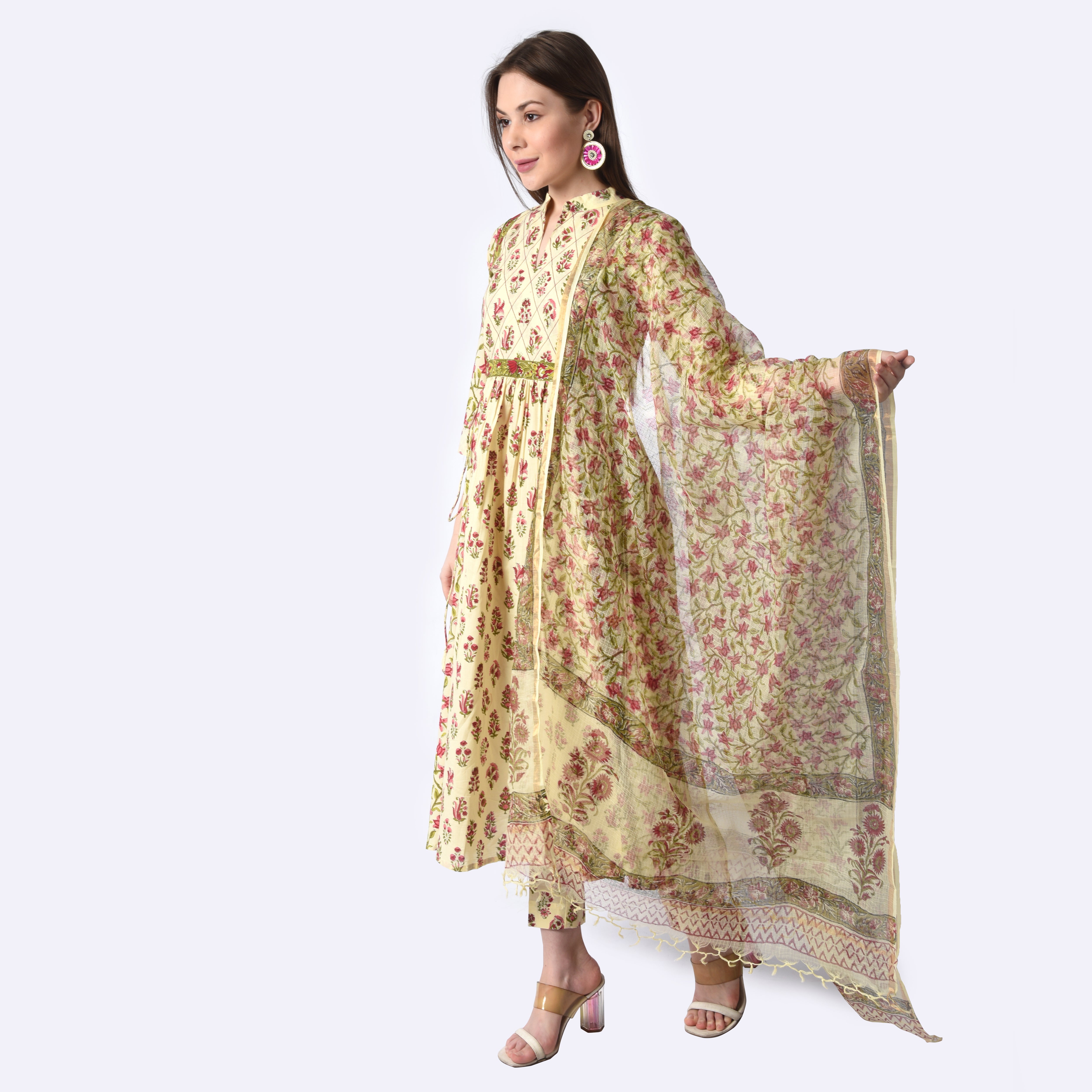 Beige Multicolor 3 Piece Naira cut suit set with pure Kota Doria**** Dupatta**** set- of- 3 - printsutra