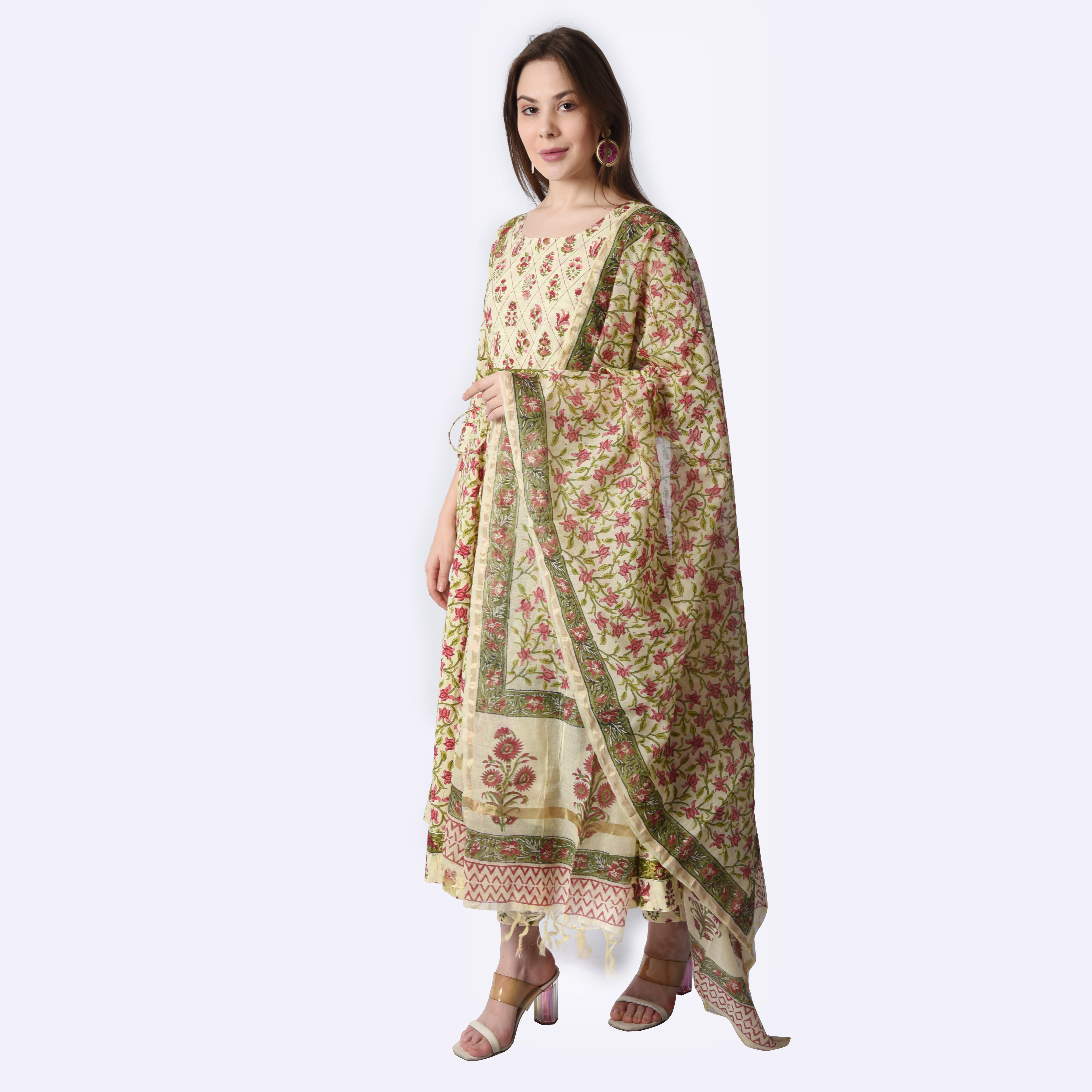 Anarkali 3 Piece suit set with pure Kota Doria Dupatta - printsutra