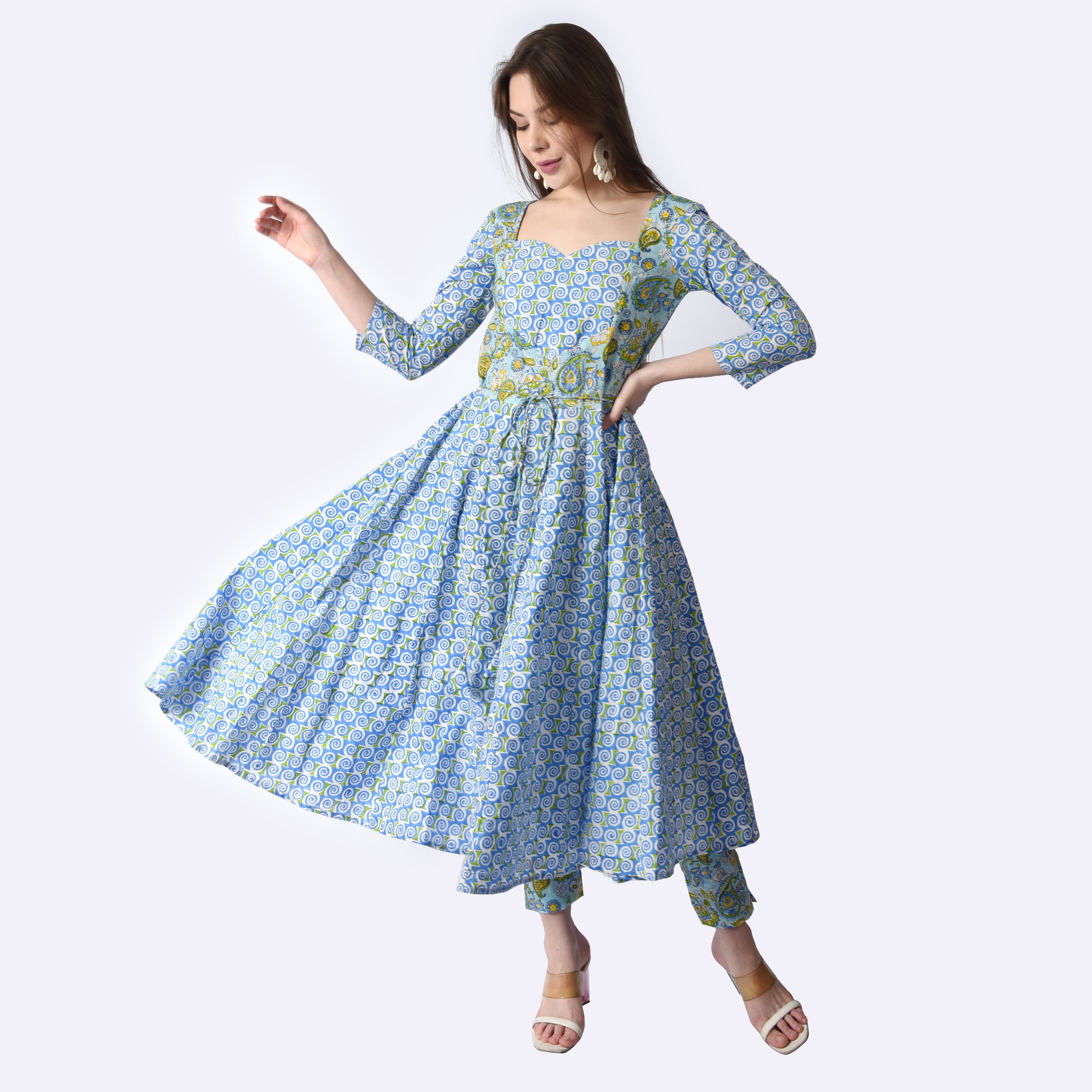 Persian Blue color Anarkali 2 Piece suit - printsutra