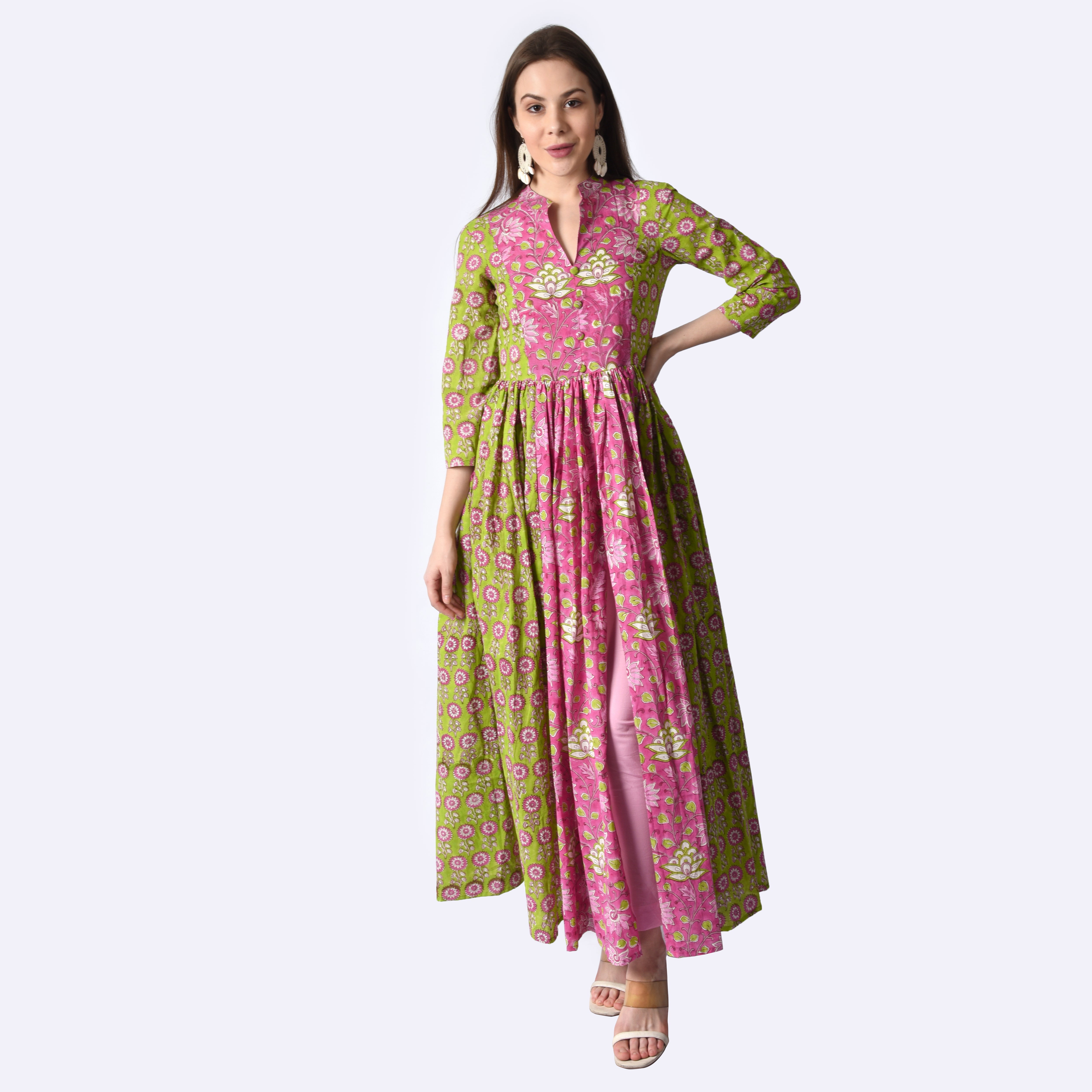 Pink/ Parrot Green hand printed kurti set - printsutra