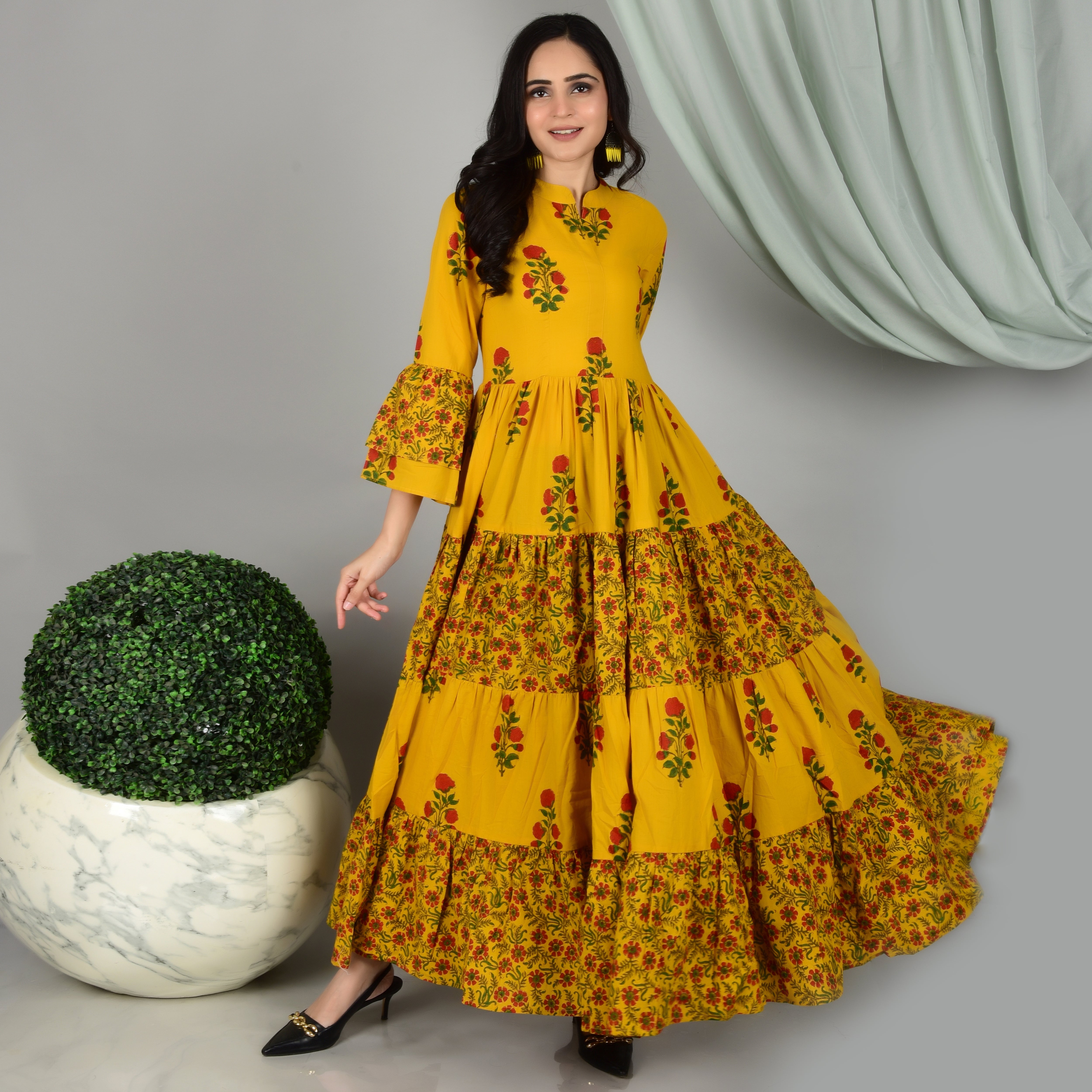 Buy Yellow Mulmul And Embroidery Floral & Sequin Maxi Dress For Women by  Bairaas Online at Aza Fashions.