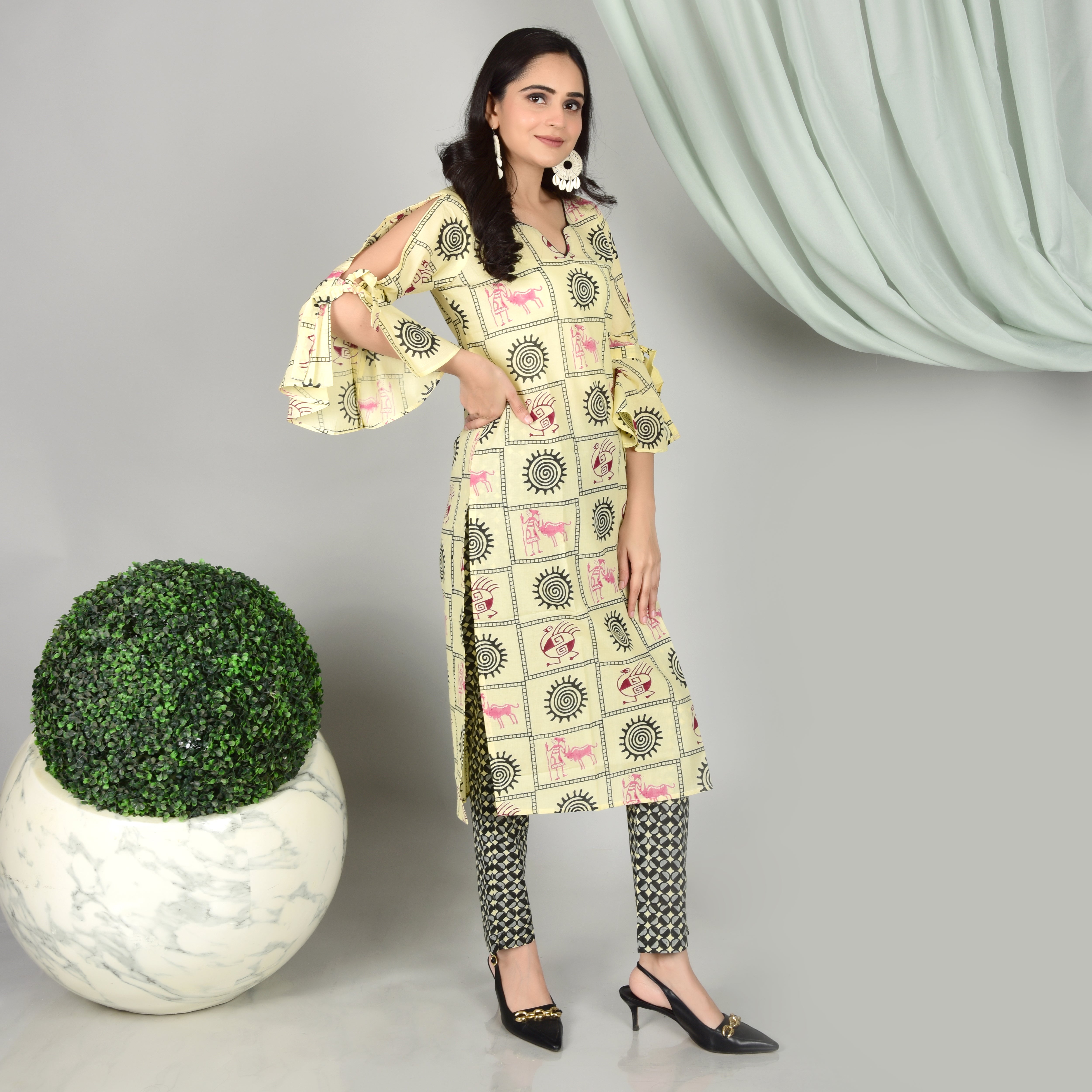 Mellow Yellow Hand Block Prints 100% Cotton Kurti adorned with "bell shaped sleeves" set of 2 - printsutra