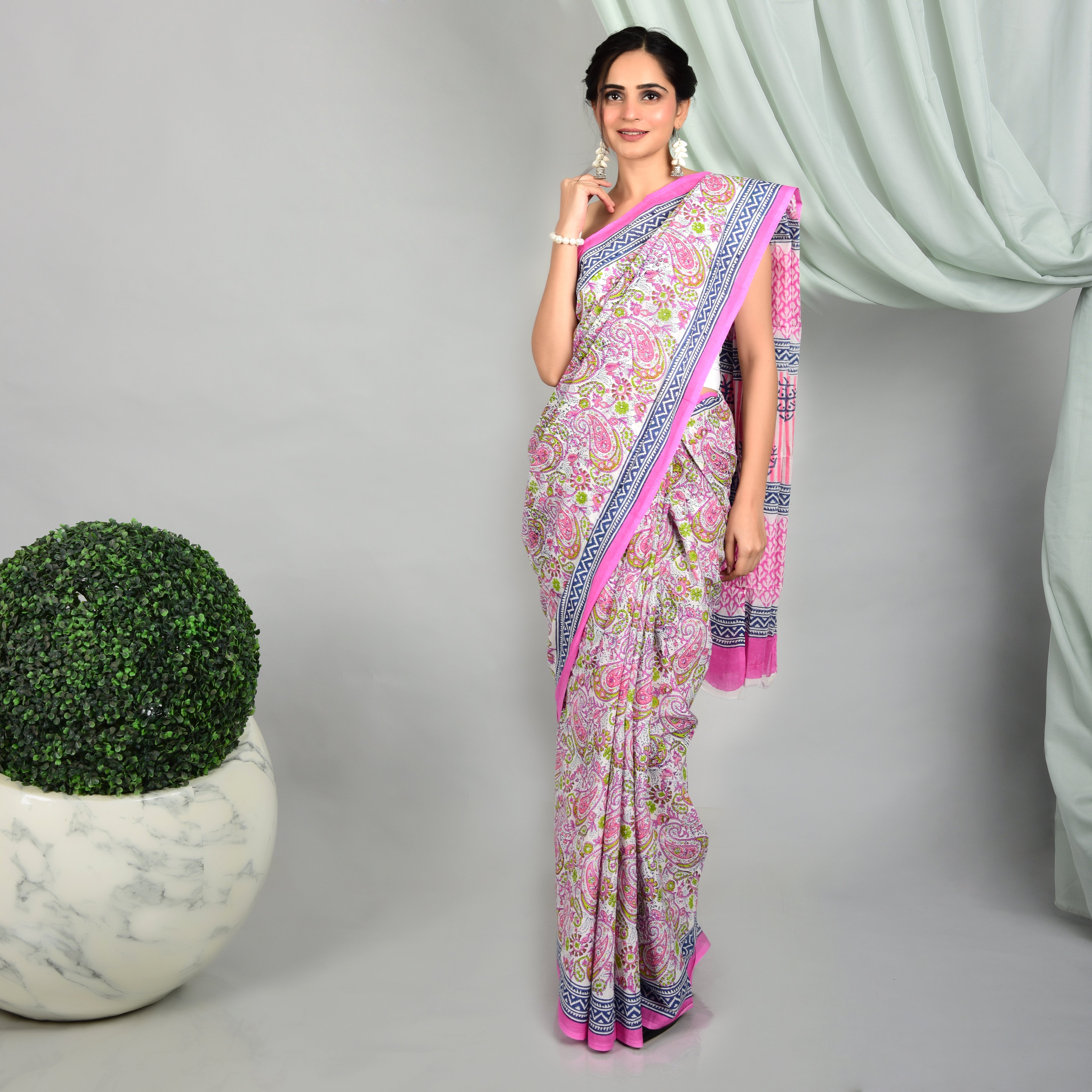 pink green jaal hand block printed saree - printsutra