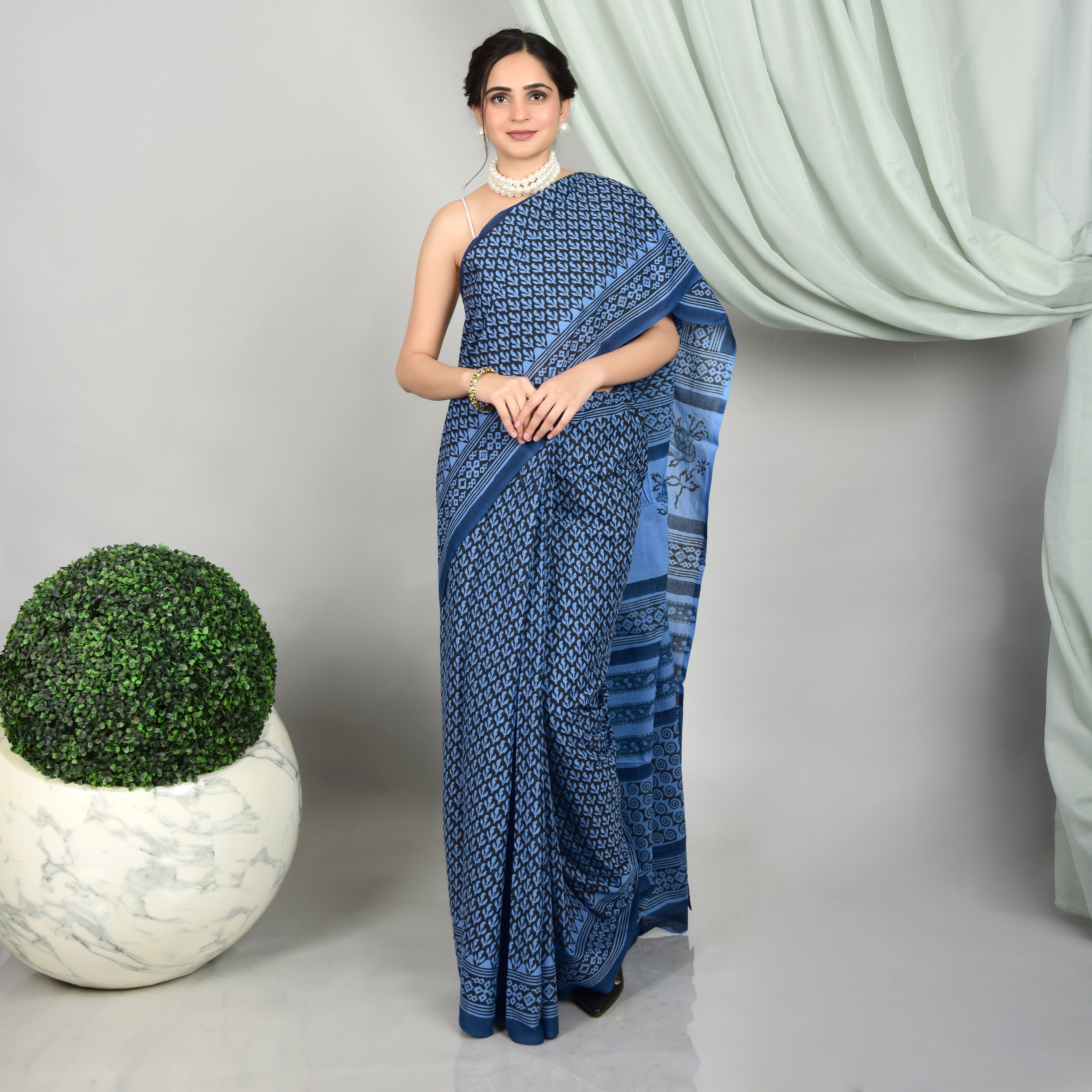 black-blue hand block printed mul cotton saree - printsutra