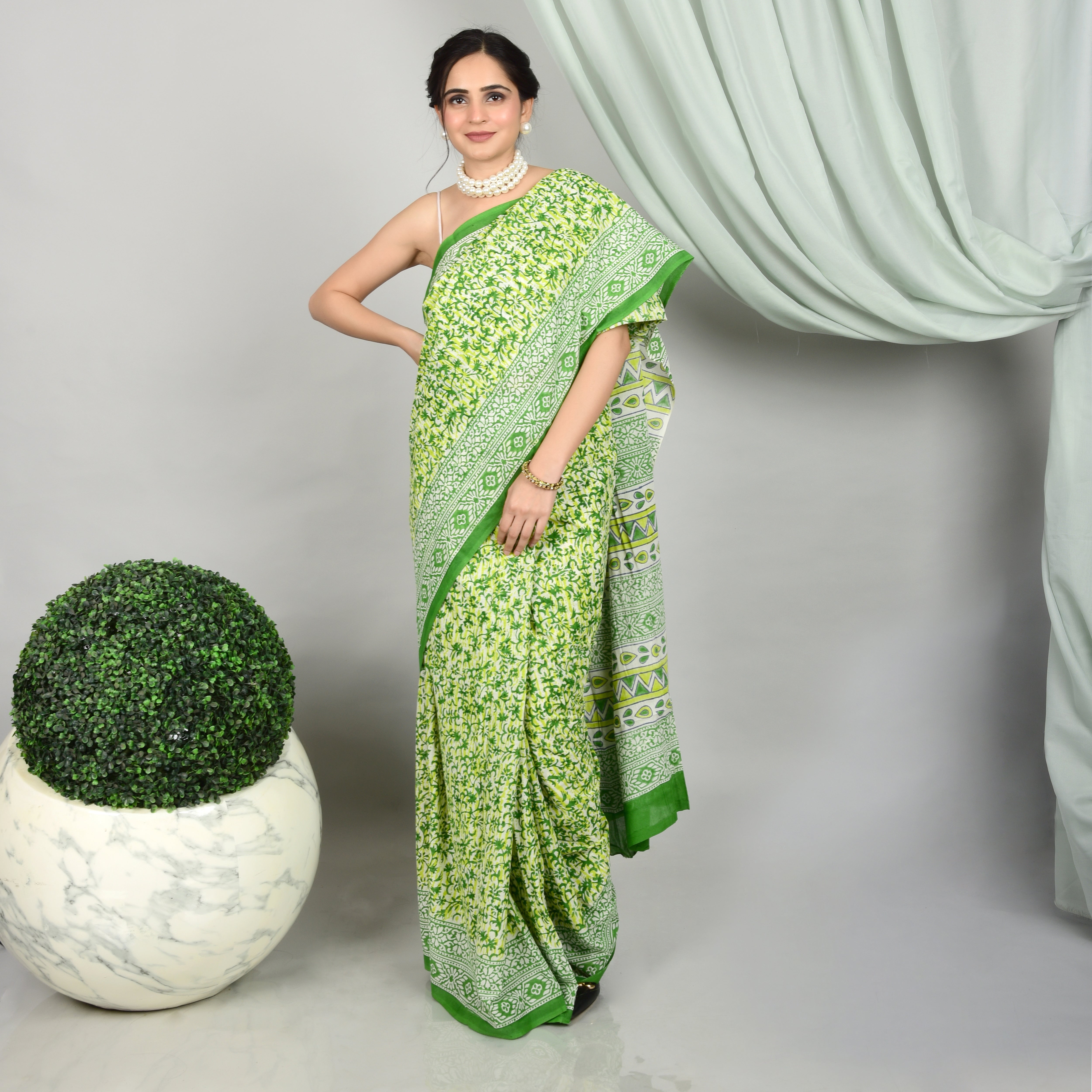 green hand block printed mul cotton saree - printsutra