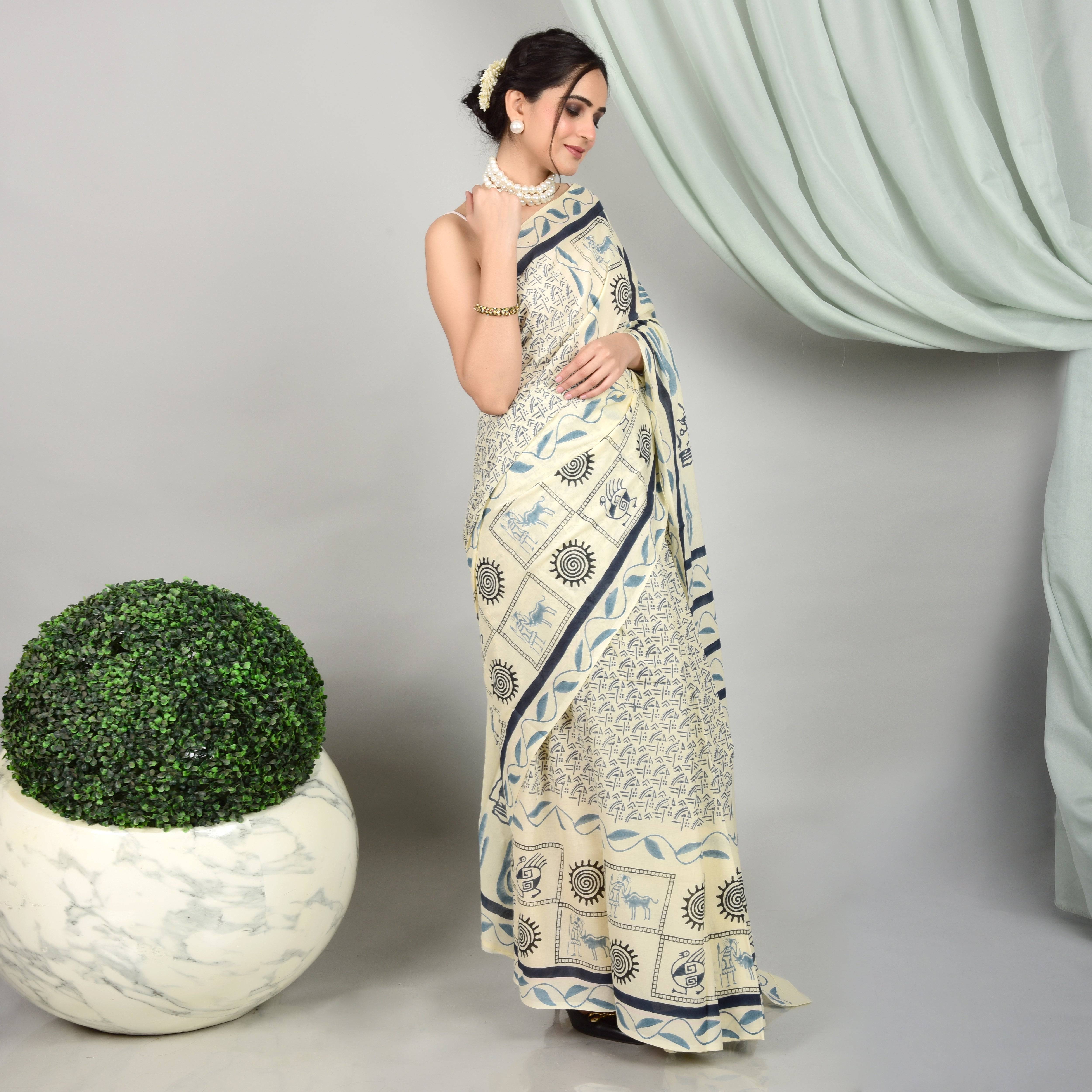 white with blue geometric hand block printed saree - printsutra