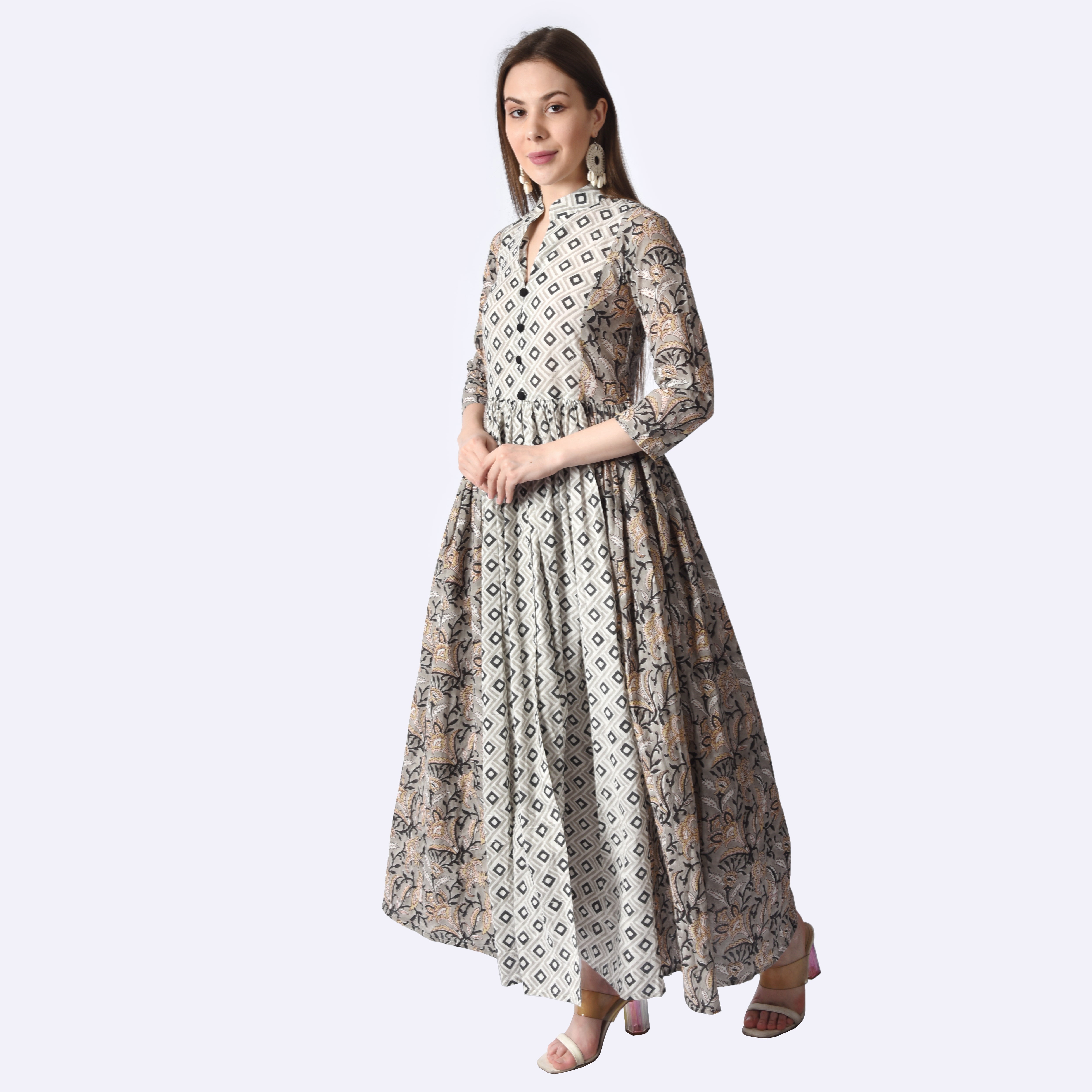 Grey and black hand block printed kurti set - printsutra